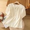 Verano Algodón y Lino Grupo Pequeño Flor Cuerda Flotante Cuello Redondo Hebilla de Presión Manga Media Top Estilo Chino Vintage para Mujer