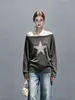 Tejido Vintage Desgastado Hombro Asimétrico Casual Estilo Estrellado Nuevo Simple Estilo Remache Top de Otoño 2673