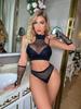 Comercio Exterior en stock Europa y América Bikini Sexy Conjunto de Tres Piezas Caliente Perforado Ropa Sexy de Red Falda de Red Calada con Manga