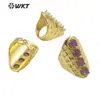 WT-R443 Dentes de Cristal de Ágata Natural Incrustados com Anel de Pedra Preciosa com Suporte Cor Dourada Verdadeira para Deslocamento Preservação de Cor Galvanizado Anel de Banquete