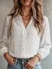 Top Bordado Hueco Estilo Europeo y Americano Talla Grande, Bordado Floral Blanco, Cuello en V, de Botones, Mangas de Farol, Camisa Ligera