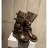 Botas retro de tacón grueso de pierna ancha estilo francés, nuevo modelo otoño/invierno 2026, botas western de media pantorrilla con hebilla de cinturón plisada, botas de montar