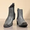 Botines Chelsea Retro de Cuero Agrietado para Hombre con Puntera Metálica, Punta Cuadrada, Tacón Grueso, Estilo Británico, Botines de Tobillo sin Cordones para Hombre