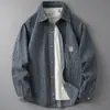Camisa Jeans Masculina Retrô Japonesa Lavada com Listras Verticais Nova para Primavera e Outono Manga Longa Solta Gola Reversível
