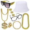 Colar Pulseira de Ouro Hip-Hop Chapéu Preto de Pescador Popular Óculos com Armação de Espelho Anel de Dólar Conjunto de Vestido de Baile