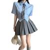 Falda dulce y picante traje ligeramente gordo talla grande camisa azul de manga corta falda plisada chica gordita estilo universitario falda conjunto de dos piezas para mujer