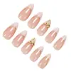 Unhas Vestíveis Exclusivas Francesas com Laço Borda Dourada Amêndoa Manicure Unhas Vestíveis Unhas para Revenda
