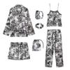 Pijama nuevo de siete piezas con flores para mujer, primavera, manga larga, tipo seda, sexy, para estar en casa