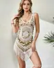 Vestido de crochê com renda e lantejoulas, estilo europeu e americano, com franjas, saída de praia para biquíni