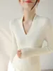 Elegante Suéter de Punto Ajustado con Cuello en V y Textura de Ondas de Agua para Mujer, Jersey de Lana Básico de Manga Larga para Otoño e Invierno