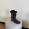 Botas de Caballero para Mujer 2026 Primavera/Verano Nuevas Estilo Británico Punta Cuadrada Tacón Grueso Botines Tachonados en el Tobillo Botas de Vaquero Occidentales