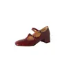 Zapatos Mary Jane de cuero Chuyuji de 4 cm, color burdeos, punta cuadrada, tacón grueso, tira en T, tacón medio para mujer