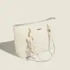 Elegante Bolsa Tote Texturizada Branca Creme para Mulheres - Bolsa de Ombro Chique Estilo Tweed com Pingente de Coelho - Bolsa de Mão Grande Capacidade para o Dia a Dia e Bolsa de Compras