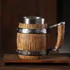 Venta caliente transfronteriza de alta calidad, jarra de cerveza de barril de madera con asa de tubo de acero, estilo industrial, gran capacidad, taza de café con marca