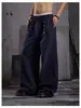 Calça casual reta com cintura elástica e vários botões para homens e mulheres, outono, cor sólida pesada, solta, perna larga, calça de moletom esportiva