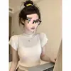 Top de punto fino de verano para mujer con hombros calados y manga corta, hermoso y rejuvenecedor, blusa de estilo francés suave Versalles