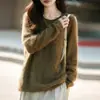 Nuevo suéter de punto de cachemira y lana listo para usar para otoño e invierno con borde enrollado, cuello redondo, mangas largas y lana cepillada con lentejuelas