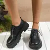 Zapatos Pequeños de Cuero para Mujer Talla Grande Punta Redonda Tacón Grueso Suela Gruesa 2025 Otoño Nuevo Estilo Británico Retro Versátiles Mocasines con Cordones