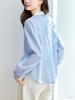 Camisa de Manga Larga Rayada Azul Algodón Cocoon para Mujer, Nuevo Estilo Primavera 2026, Cuello Cuadrado Pequeño, Top Bloque de Color, Camisa de Diseñador