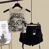 Traje de Trabajo para Niñas Verano Nuevo Tallas Mediana y Grande Estampado de Cómics Camisola Shorts de Mezclilla Conjunto de Dos Piezas para Niñas
