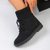 Botas de Costura de Tamanho Grande Transfronteiriças para Mulheres Outono e Inverno 2025 Novas Botas Curtas de Lã com Cadarço, Bico Redondo, Cano Médio, Estilo Europeu e Americano para Mulheres