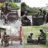 Figura Personalizada de Bronce Fundido Sentada en un Taburete Escultura para Uso en Plazas Exteriores, Presentando a una Persona Calculando con un Ábaco y Tostando Té, Adecuada para Calles Comerciales, Adorno de Estatua de Bronce para Escenas Pequeñas