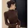 Camiseta Gris Vintage de Cuello Medio Alto para Mujer Otoño Chic con Abertura Plisada Ajustada Top Interior de Hombro Manga Larga Camisa Base