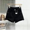 Shorts de mezclilla de tres puntos elásticos que cubren la cadera para mujer de cintura alta 2023 nuevo estilo asimétricos para chica gorda línea A cintura pantalones cortos sexys
