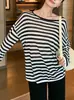Blusa Listrada de Manga Longa Fina para Mulheres, Novo Estilo Coreano de Verão 2026, Caimento Solto, Emagrecedor, Gola Redonda, Tricô com Proteção Solar