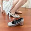 Sapatos Mary Jane Quadrados com Salto Bloco Color Block para Mulheres, Sapatilhas de Salto Alto com Tiras Cruzadas, Sapatos Single Prateados, Transfronteiriços, Origem Huizhou