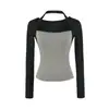 Camiseta de estilo suave color púrpura de taro, diseño de color contrastante de dos piezas falsas, cuello halter, manga larga, corte ajustado, top corto de cuello cuadrado, sin botones