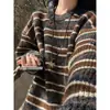 Suéter Listrado Color Block Marrom Retrô Melard para Homens e Mulheres Outono Inverno Preguiçoso Malha de Alta Qualidade Blusa Atmosférica