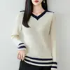 Suéter de tricô 100% algodão com gola polo color-blocking estilo francês para mulheres, novo modelo 2026, camisa base com gola de lapela, suéter que rejuvenesce