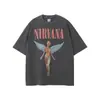 Camiseta de Manga Larga de la Banda Nirvana 2025 Estilo Europeo y Americano Vintage Retro Americano Lavada y Desgastada Camiseta de Manga Corta de Nirvana