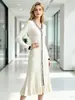 En Stock Transfronterizo Estilo Francés De Alta Gama Vestido de Punto con Cuello en V Botones Cintura Ceñida Ajustado Elegante Manga Larga Bloque de Color Largo