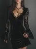 Vestido de Malla con Encaje, Color Sólido, Estilo Europeo y Americano, Sexy, de Moda, Elegante, Escote en V Profundo, Fruncido, Manga Larga, Sencillo y Versátil para Mujer