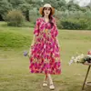 Vestido feminino de alta qualidade na cor vermelho rosa plus size para mães, vestido de algodão e seda que disfarça a barriga e emagrece, vestido de praia azul de corte solto com barra larga para usar por cima