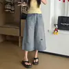 Calça jeans reta cropped vintage rasgada para mulheres, novo estilo de verão, plus size, corte solto para corpo tipo pera, calça pantalona afunilada que emagrece