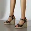 Zapatos de Mujer de Comercio Exterior Sandalias de Cuña para Mujer Decoración Metálica Sandalias Huecas Boca de Pez Correa de Hebilla de Paja Sandalias para Mujer