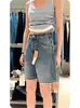 Shorts de Mezclilla Azules Rasgados para Mujer, Estilo Delgado de Verano, Tallas Grandes, Cintura Alta, Adelgazantes, Cuerpo Forma de Pera, Shorts de Cinco Puntos Pierna Ancha de Longitud Media