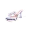 Pantuflas de Tacón de Cristal para Mujer para Usar en Verano Nuevo Estilo Flor Tacón Grueso Moda Sandalias Transparentes de una Línea para Mujer