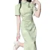 Nuevo Vestido Largo Estilo Chino Retro con Estampado de Libélula, Manga Corta, Cheongsam Mejorado con Diseño ceñido a la cintura, Vestido de Verano Ajustado con Aberturas abotonadas