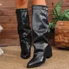 Outono 2026 Novo Moda Transfronteiriça Botas de Salto Alto Plissadas Salto Bloco Tamanho Grande Estilo Britânico Botas de Cano Alto para Calça Feminina desejo
