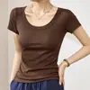 Camiseta de Algodão com Costura Canelada de Alta Elasticidade para Mulheres, Manga Curta, Novo Estilo Verão 2026, Emagrecedora, Toque de Luxo, Top Versátil, Camiseta Base com Ombro Normal