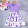 Nuevo Vestido de Niña de Comercio Exterior, Vestido de Punto para Niños con Mangas Cortas Volantes, Estampado de Corazones, Cuello Redondo, Vestido Casual