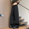 Pantalones de chándal negros para hombre estilo americano, de longitud extendida, con cordón, pierna ancha, temporada de primavera, cintura alta, tela de capa de aire
