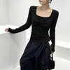 Design de algodão de bambu com decote V torcido, cintura plissada, efeito emagrecedor, blusa básica de manga comprida lisa, top camiseta, suéter feminino