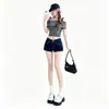 Shorts de mezclilla azul lavado estilo retro americano para mujer, verano cintura alta rectos línea A que realzan el trasero pantalones cortos ajustados