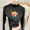 Camiseta interior de forro polar con estampado de dibujos animados para niños, manga larga, para otoño e invierno, tejido cepillado, cuello semi-alto, corte ajustado para niñas