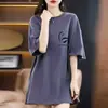 Camiseta feminina de algodão imitação de manga curta, verão, nova, solta, modeladora, cobre a barriga, com estampa, comprimento médio, cobre o quadril, top